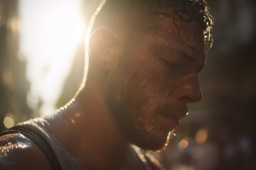 Exhausted man walking under scorching sun, heat distortion effect, sweat dripping, summer heatwave in urban street, cinematic lighting.