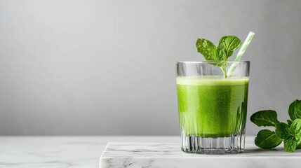 Glass of green smoothie on a white marble countertop. the glass is tall and has a white and green striped straw sticking out of it.