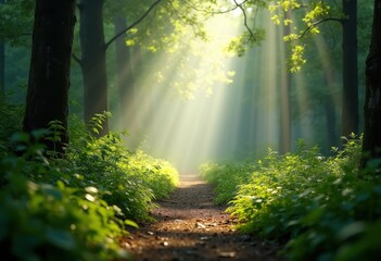 Obraz premium misty forest path sunlight ray abstract nature walk lush greenery woodland tranquil atmosphere, landscape, foliage, trail, scenery, shadow, thicket