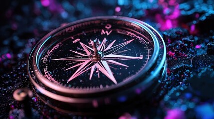Close-up of a compass rose on a dark background. the compass is in the center of the image and is surrounded by a pink and blue gradient.