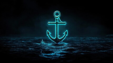 Digital illustration of an anchor in the middle of the ocean at night. the anchor is glowing blue and is in the center of the image, with the water surrounding it.