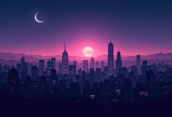 crescent moon illuminating city skyline silhouette twilight urban landscape starry night background, stars, dusk, view, architecture, evening, landmark, panorama
