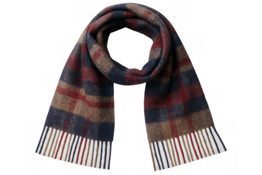 Cozy wool scarf featuring classic checkered pattern, soft fringed edges, warm winter accessory on clean background
