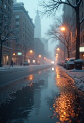 Obraz premium rain soaked street melting snowflakes puddles reflection urban winter landscape foggy atmosphere, water, drops, weather, wet, tracks, surface, light, city