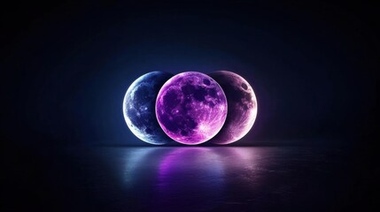 Three phases of a full moon in a dark background. the moon is in the center of the image, with the largest one on the left and two smaller ones on the right.