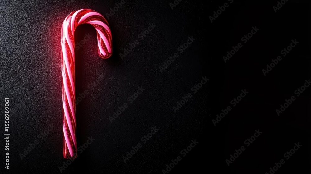 Poster close-up of a candy cane on a black background. the candy cane is in the shape of a curved candy can