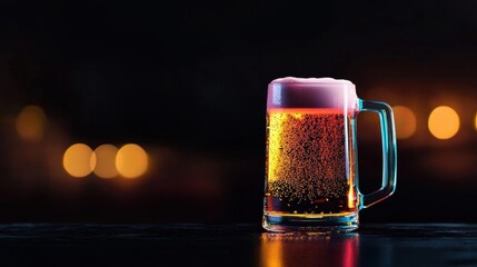 Close-up of a glass mug of beer on a dark table. the mug is filled with a golden-colored beer and has a handle on the right side.