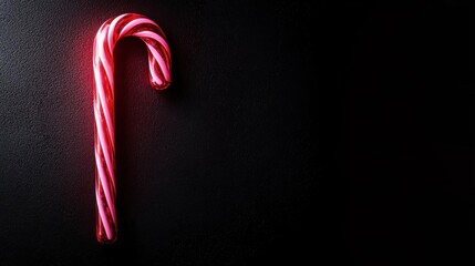 Close-up of a candy cane on a black background. the candy cane is in the shape of a curved candy cane with a pointed tip and a striped pattern of red and white stripes.
