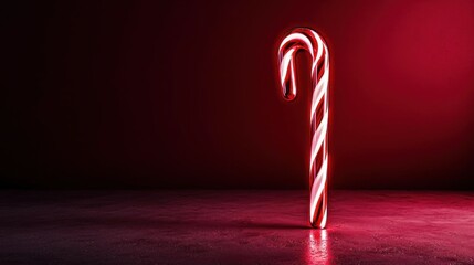 Photograph of a candy cane in the center of a dark room. the candy cane is lit up with a bright red light, creating a striking contrast against the dark background.