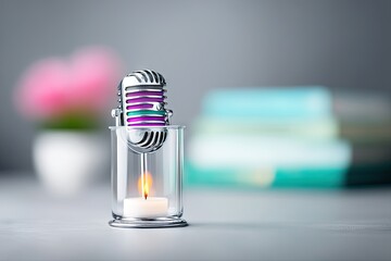 Silver Microphone in Glass Candle Holder on Desk with Books