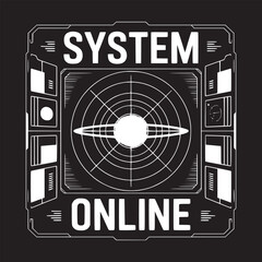 A futuristic system online graphic with a grid, bright center, and technical interface elements