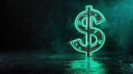 Digital illustration of a dollar sign in the center of a dark room with a foggy background.