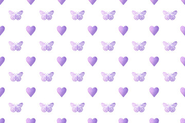 Seamless pattern with watercolor purple butterflies and hearts