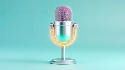 Silver Retro Microphone with Glowing Ring Light on Teal Background