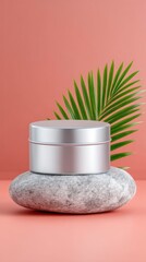 Silver Reusable Cosmetic Tin on Marble Base with Palm Leaf