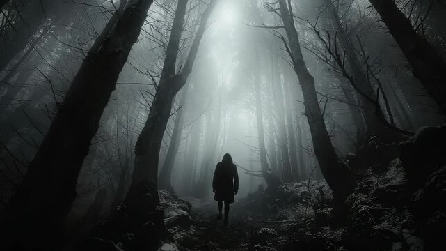 A solitary figure walks through a dark and twisted forest, illuminated by fleeting moonlight. The atmosphere is thick with mystery and tension, surrounded by leafless trees