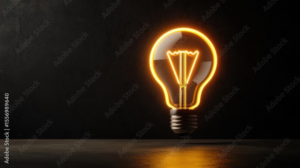 Poster close-up of a light bulb on a dark background. the light bulb is turned on and is emitting a bright 