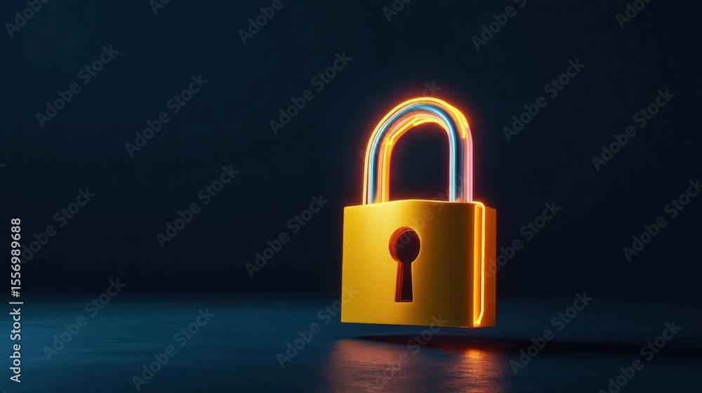 Poster 3d rendering of a yellow padlock with a keyhole in the center. the padlock is glowing with a rainbow