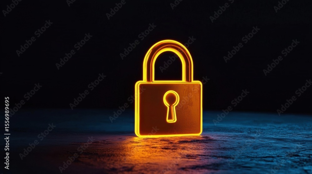 Poster 3d rendering of a glowing padlock. the padlock is in the center of the image and is made up of a rec