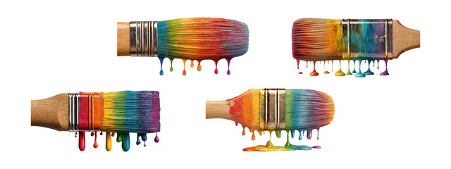 Paintbrushes with Dripping Rainbow Colors Isolated on Transparent Background