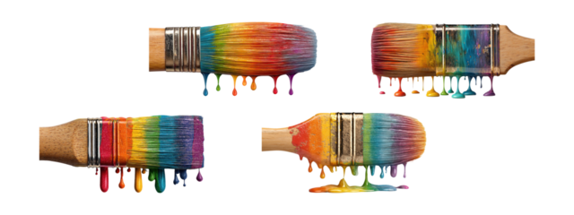 Paintbrushes with Dripping Rainbow Colors Isolated on Transparent Background