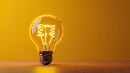 3d rendering of a light bulb on a wooden surface. the background is a solid orange color, and the light bulb is the main focus of the image.