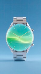 Silver Smartwatch with Green Abstract Watchface on Blue Background