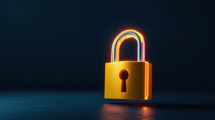 3d rendering of a yellow padlock with a keyhole in the center. the padlock is glowing with a rainbow-like light, creating a neon-like effect.