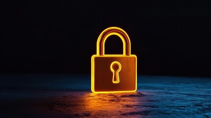 3d rendering of a glowing padlock. the padlock is in the center of the image and is made up of a rectangular shape with a keyhole in the middle.