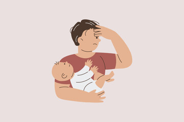 Depressed Father Holding Baby Illustration
