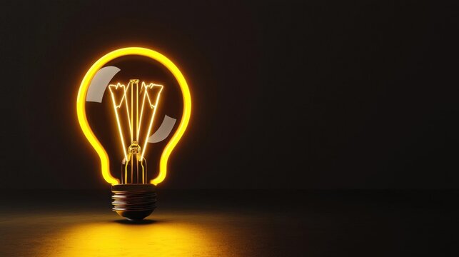 3d rendering of a light bulb. the bulb is turned on and is emitting a bright yellow glow. the background is completely black, making the light bulb stand out even more.