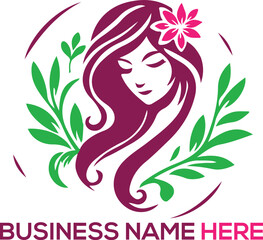 Natural beauty woman long hair Elegant artistic Lady Silhouette with Rose flower and Leaf Design minimalist Vector Illustration eco friendly beauty Women beauty salon spa hair minimalist logo design