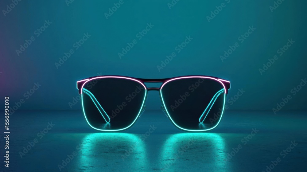 Poster pair of sunglasses with a neon-like design. the sunglasses are placed on a dark blue background with