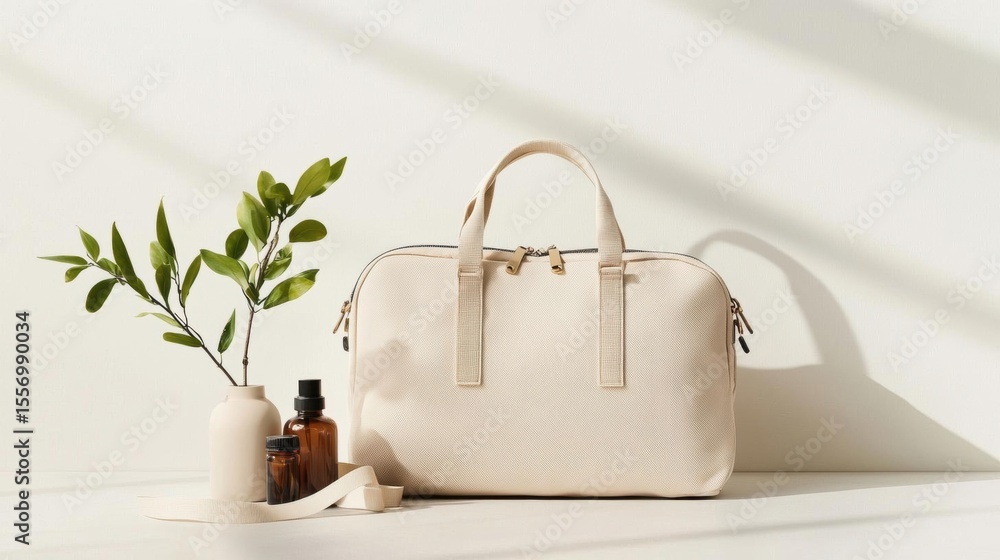 Poster beige-colored handbag with two handles and a zipper closure. it is placed on a white surface with a 