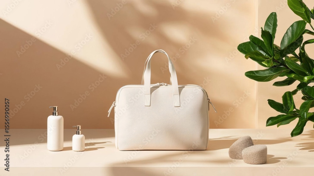 Poster white handbag on a beige background. the handbag has a long handle and a zipper closure. it is place