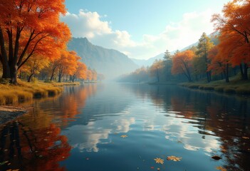 Fototapeta premium serene lake autumn foliage vibrant reflection nature landscape tranquil water colorful trees scenic view, leaves, forest, vista, pool, dusk, shore, cascade
