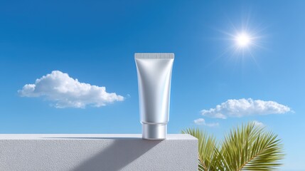 Silver Sunscreen Tube on White Block Against Sunny Sky