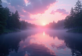 serene twilight lake misty reflections tranquil water surface evening calmness nature scene, sunset, dusk, sky, landscape, vista, glow, mirror, horizon