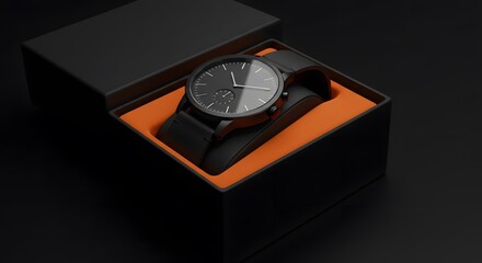 Black Men's Wristwatch in Kraft Gift Box on Dark Background, black minimal watch on black box, a black wristwatch with a black strap on a black box with an orange interior on a black background