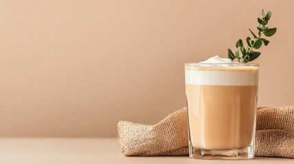 Glass of coffee on a beige background. the glass is filled with a creamy, light brown liquid, which appears to be a latte or cappuccino.