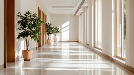 Long, empty hallway with white walls and flooring. the hallway has large windows on both sides, allowing natural light to enter the space.