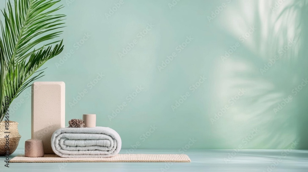 Poster flat lay of a spa-like setting with a light green wall in the background. on the left side of the im