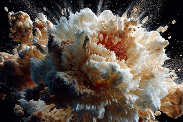 Exploding warhead turning into flower petals, symbol of peace and economic stability, abstract concept.