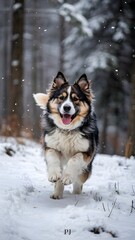 Naklejka premium Border Collie Mix happily running towards the viewer through a snowy, wooded environment