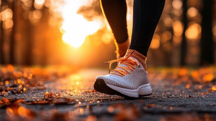 Person's feet walking on a road in a forest during autumn. the person is wearing black leggings and white sneakers with orange laces.