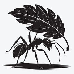 Ant carrying a leaf illustration in black and white art