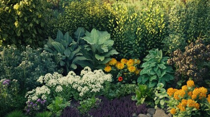 A lush garden displaying plants at different growth stages, highlighting diversity