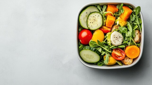 The image is of a rectangular white bowl filled with a colorful salad. the salad is made up of various ingredients such as sliced cucumbers, cherry tomatoes, yellow bell peppers, and orange squash. - Powered by Adobe