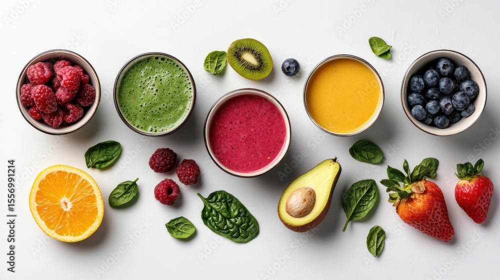 Poster flat lay of various fruits and vegetables arranged in a circular pattern on a white background. ther