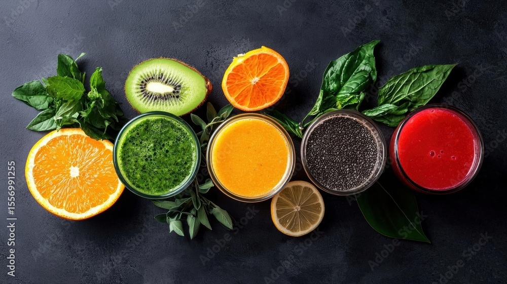 Poster flat lay of six different types of smoothies arranged in a circular pattern on a dark grey backgroun
